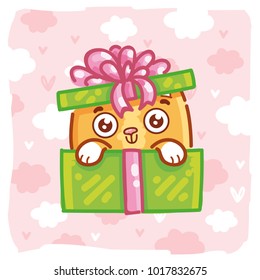 Ginger Cat character sitting in gift, present box with bow on pink romantic background with hearts and clouds. Cute hand drawn art illustration in cartoon, doodle style