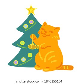Gato jengibre con un pez juguete de árbol de Navidad, en el fondo de un árbol de Navidad. Ilustración vectorial en estilo de dibujos animados, plano. Aislado en blanco.