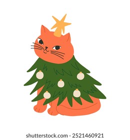 Gato de jengibre en un traje de árbol de Navidad aislado sobre fondo blanco. Etiqueta engomada de Navidades