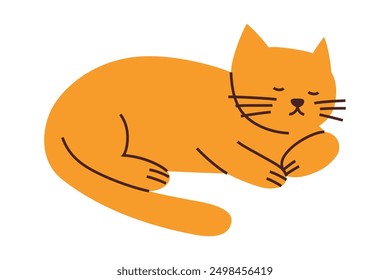 Ginger cat curled up and sleeping vector illustration. Cozy cartoon pet with orange fur, shorthair kitten icon, for animal lovers, pet shops, and veterinarians. Cute and peaceful flat design