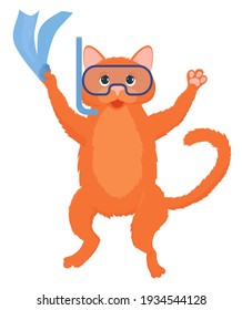 Ginger cat diver with flippers and mask cartoon mascot isolated on white. Vector illustration of animal at vacation.