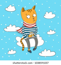 Ginger cat drink tea with lemon on the cloud. Vector character children book illustration.