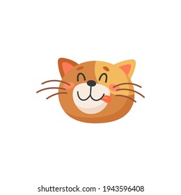 Emoticono de ginger aislado cabeza de gatito feliz mostrando la lengua. Retrato vectorial de gatito sonriente, cabeza o huella de animal familiar. Canto de gato rojo, peinado felino, pelo corto rayado gato hocico