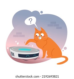 Ginger cat explores the new robot vacuum cleaner, vector illustration