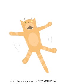 Ginger cat falling down (jumping,flying in the air) with expression of terror on his muzzle.Vector illustration. Cartoon style. Isolated on white background.