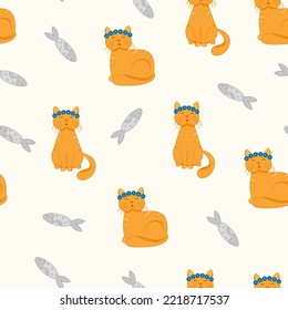 Ginger Cat And Fish. Seamless Pattern.