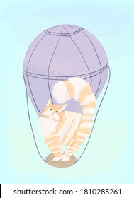 A ginger cat is flying in a balloon. The cat is unhappy, scared or surprised. Made in a watercolor style. For postcard, poster,lites design element, illustration, site decoration.
