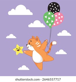 ginger cat flying on balloons in the sky, in the clouds, high, colorful balloons, cute kitten, sticker, postcard, happy birthday, birth of a child, discharge from the maternity hospital, metrics, boy