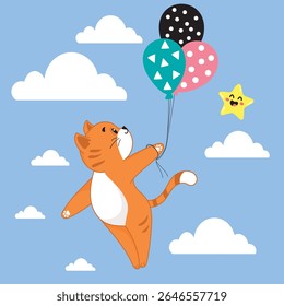 ginger cat flying on balloons in the sky, in the clouds, high, colorful balloons, cute kitten, sticker, postcard, happy birthday, birth of a child, discharge from the maternity hospital, metrics, boy