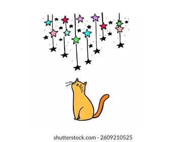 A ginger cat gazes upward at a multitude of colorful stars.