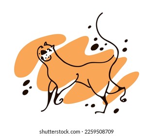 The ginger cat gracefully goes about her business. A graceful animal in motion. Illustration with an abstract background in the style of contour and flat graphics. Outline drawn pet.