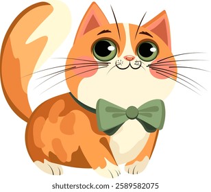 Ginger cat with green bow no background