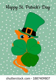 Ginger cat in a green Irish hat and a shamrock in its paws. St. Patrick's Day greeting card. Vector illustration.