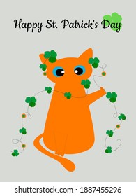 A ginger cat and a green shamrock in its paws, a symbol of Ireland. St. Patrick's Day greeting card. The holiday is celebrated on March 17. Vector illustration.