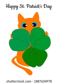 A ginger cat and a green shamrock in its paws, a symbol of Ireland. St. Patrick's Day greeting card. The holiday is celebrated on March 17. Vector illustration.