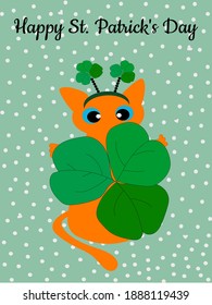 A ginger cat and a green shamrock in its paws, a symbol of Ireland. St. Patrick's Day greeting card. Pattern for fashionable prints on poster. Vector illustration.