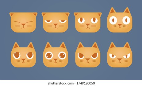 ginger cat head different facial reaction transition avatar icon flat vector graphics illustration set