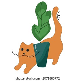 A ginger cat is hiding behind a houseplant. A cute, playful character peeks out from behind a flower pot. Funny home scene. Vector flat isolated illustration.