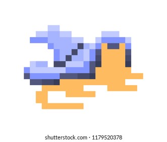 Ginger cat hiding under a violet witch hat, pixel art character isolated on white background. Cute 8 bit cartoon happy halloween icon. Retro vintage 80s; 90s slot machine/video game graphics.