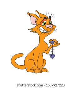 A ginger cat holds a skeleton of a fish in its paw . Vector illustration.Form for banners, postcards. Animal.