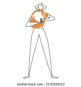 Ginger cat hugging his owner. Girl gently hugs orange cat friend. Artistic sketch drawing, banner of a cat lover with her pet. Vector hand-drawn illustration.
