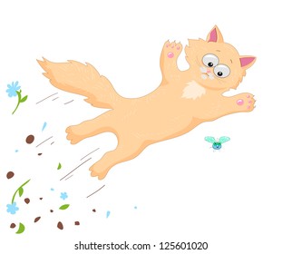 Ginger Cat Jumping Over The Green Fly