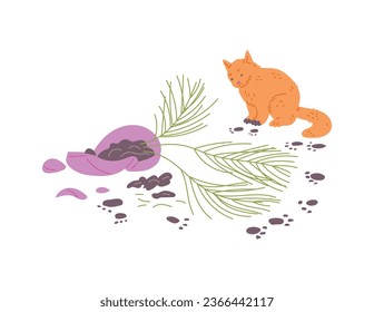 El gato jengibre golpeó la olla de flores, el suelo está esparcido. Trastorno de mascota traviesa. Desorden de mascotas, huellas sucias, ilustración vectorial de dibujos animados. Grano de flores, basura. Juego destructivo de gatitos