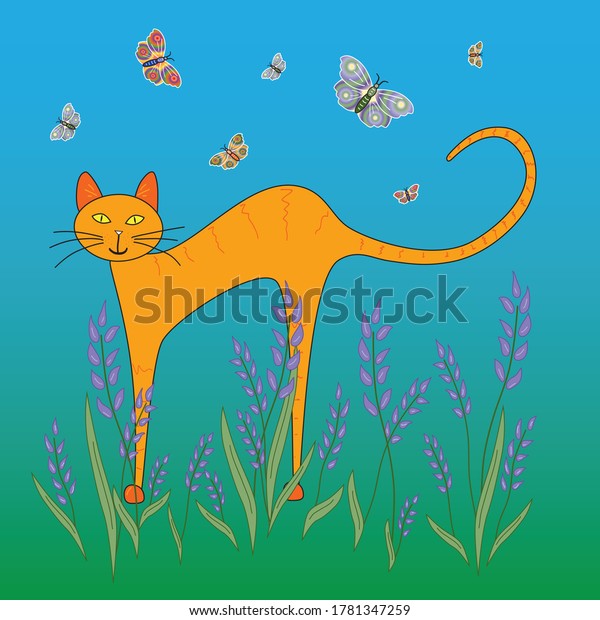 ラベンダー色の背景に生姜の猫と蝶のイラスト 可愛いペット猫の漫画 のベクター画像素材 ロイヤリティフリー