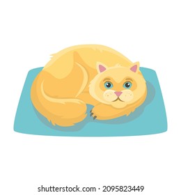 Ginger cat lies on a blue rug. Vector illustration.