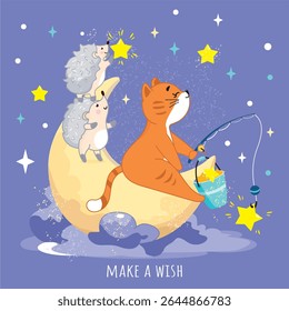 ginger gato, gatinho pequeno, ouriços fofos, ouriços e gato, gato pegando peixe, pegando estrelas, espaço, no céu, estrelas, noite, boa noite, sonhos doces, sonho, estrela, lua, gato na lua, pesca