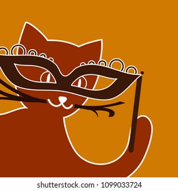 Ginger cat looking through the carnival mask as an actor in the theatre - vector illustration