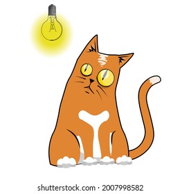 The ginger cat looks at the light bulb. On white background. Vector graphics. Sticker, printing on a mug, postcard, T-shirt.