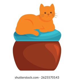 Gato de gengibre está deitado em um travesseiro que é colocado em um pote de argila