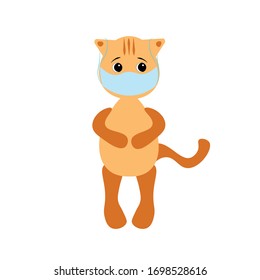 Ginger cat in medical mask, which protects the cat of the flying virus, coronavirus. Vector illustration