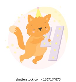 ginger cat with the number four. birthday, four years old. cute fluffy animal