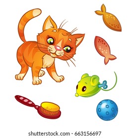 Ginger cat  and cat object set, items, food and stuff, vector cartoon illustration. Isolated on a white background.
