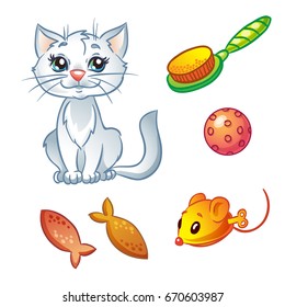 Ginger cat  and cat object set, items, food and stuff, vector cartoon illustration. Isolated on a white background.