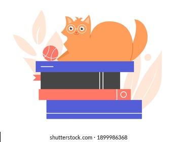 Ginger cat on a stack of books. Intelligent pet games. Smart animal with glasses. Vector flat illustration.