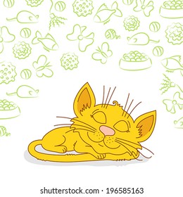 Ginger cat and pattern with balls, bows, toys and food around