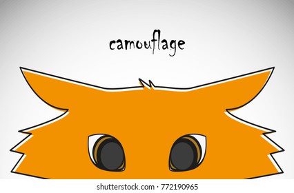 A ginger cat peeks out from behind a horizontal surface. A ginger kitten pressed his ears and hunts. Cute cartoon red kitten on white background - vector illustration. 