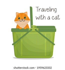 A ginger cat peeps out of the carrier. Plastic carry bag for animals. Traveling with pets, visiting a veterinarian. Vector illustration isolated on white background.