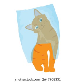 Ginger cat play with plastic shopping bag. Cat hiding in transparent plastic bag. Kitten misbehaving and playing around, crazy funny fluffy kitten. Isolated on white background. Vector