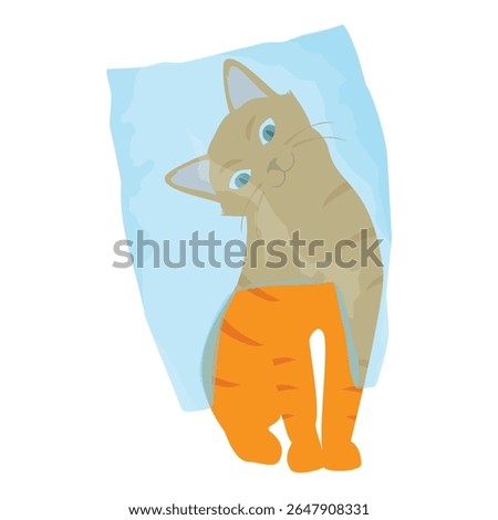 Ginger cat play with plastic shopping bag. Cat hiding in transparent plastic bag. Kitten misbehaving and playing around, crazy funny fluffy kitten. Isolated on white background. Vector
