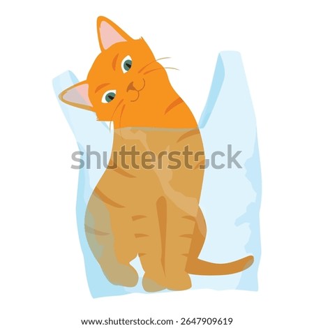 Ginger cat play with plastic shopping bag. Cat hiding in transparent plastic bag. Kitten misbehaving and playing around, crazy funny fluffy kitten. Isolated on white background. Vector