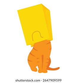 Ginger cat play with yellow paper shopping bag. Cat with paper bag on head. Kitten  misbehaving and playing around, crazy funny fluffy kitten. Isolated on white background. Vector