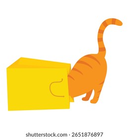 Ginger gato jogar com saco de compras de papel amarelo. Gato empurrando a cabeça para dentro do saco de papel. Gatinho se comportando mal e brincando, gatinho fofo engraçado louco. Isolado no fundo branco. Vetor