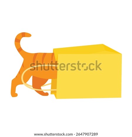 Ginger cat play with yellow paper shopping bag. Cat pushing head into paper bag. Kitten misbehaving and playing around, crazy funny fluffy kitten. Isolated on white background. Vector