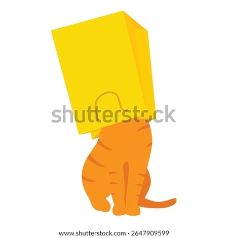 Ginger cat play with yellow paper shopping bag. Cat with paper bag on head. Kitten  misbehaving and playing around, crazy funny fluffy kitten. Isolated on white background. Vector