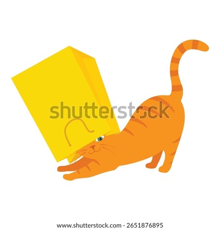 Ginger cat play with yellow paper shopping bag. Cat pushing head into paper bag. Kitten misbehaving and playing around, crazy funny fluffy kitten. Isolated on white background. Vector