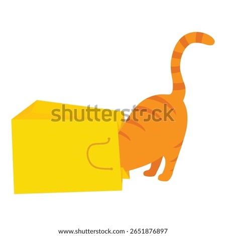 Ginger cat play with yellow paper shopping bag. Cat pushing head into paper bag. Kitten misbehaving and playing around, crazy funny fluffy kitten. Isolated on white background. Vector